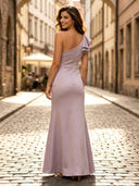 Satin Mermaid One Shoulder Long Formal Dresses with Ruffles