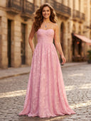 Chiffon A Line Strapless Long Formal Dresses with Jacquard