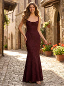 Chiffon Mermaid Spaghetti Straps Long Formal Dresses with Jacquard