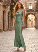 Satin Mermaid One Shoulder Long Formal Dresses with Pleated