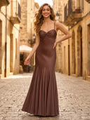 Satin Mermaid Sweetheart Spaghetti Straps Long Formal Dresses with Pleated