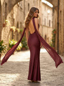 Satin Mermaid Strapless Long Formal Dresses with Scarf