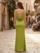 Satin Mermaid Cowl Neck Long Formal Dresses with Pleated