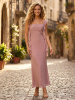 Chiffon Mermaid Spaghetti Straps Long Formal Dresses with Ruffles