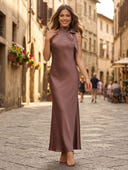 Satin Mermaid Halter Long Formal Dresses with Bow