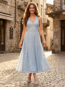 Lace A Line V Neck Sleeveless Long Formal Dresses with Empire Waist