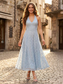 Lace A Line V Neck Sleeveless Long Formal Dresses with Empire Waist Wedding Guest Maxi Dresses
