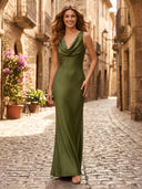 Satin Mermaid Sleeveless Cowl Neck Long Formal Dresses