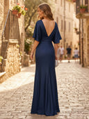 Satin Mermaid Deep V Neck Long Formal Dresses with Sleeves