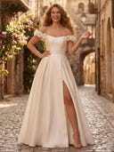 Satin A Line Off Shoulder Sleeveless Long Formal Dresses with Slit