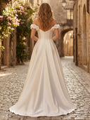 Satin A Line Off Shoulder Sleeveless Long Formal Dresses with Slit