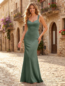 Satin Spaghetti Straps Mermaid V Neck Sleeveless Long Formal Dresses