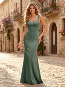 Satin Spaghetti Straps Mermaid V Neck Long Formal Dresses Wedding Guest Sleeveless Maxi Dresses