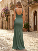 Satin Spaghetti Straps Mermaid V Neck Sleeveless Long Formal Dresses