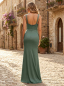 Satin Spaghetti Straps Mermaid V Neck Long Formal Dresses Wedding Guest Sleeveless Maxi Dresses