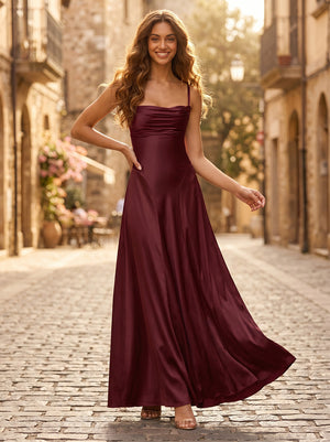 Satin A Line Square Neck Sleeveless Long Formal Dresses with Pleats