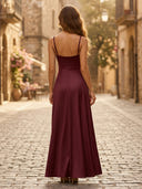 Satin A Line Square Neck Sleeveless Long Formal Dresses with Pleats