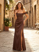 Satin Mermaid Off Shoulder Sleeveless Long Formal Dresses with Slit
