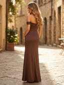 Satin Mermaid Off Shoulder Sleeveless Long Formal Dresses with Slit