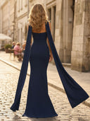 Satin Mermaid Strapless Sleeveless Long Formal Dresses with Scarf