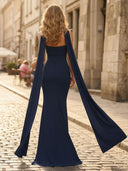 Satin Mermaid Strapless Long Formal Dresses with Scarf Wedding Guest Sleeveless Maxi Dresses