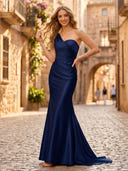 Satin Mermaid One Shoulder Sleeveless Long Formal Dresses with Pleats