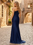 Satin Mermaid One Shoulder Sleeveless Long Formal Dresses with Pleats