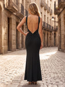 Satin Mermaid Deep V Neck Sleeveless Long Formal Dresses with Twist