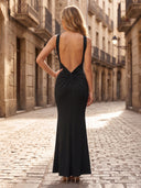 Satin Mermaid Deep V Neck Long Formal Dresses with Twist Wedding Guest Sleeveless Maxi Dresses