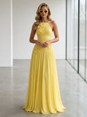 Chiffon A Line Halter Sleeveless Long Formal Dresses with Flower