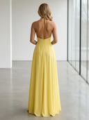 Chiffon A Line Halter Sleeveless Long Formal Dresses with Flower