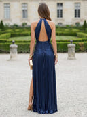 Satin Column Halter Sleeveless Long Formal Dresses with Slit