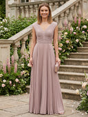 Chiffon A Line V Neck Sleeveless Long Formal Dresses with Pleats