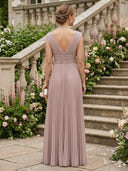 Chiffon A Line V Neck Sleeveless Long Formal Dresses with Pleats