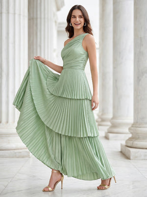 Satin A Line Tiered One Shoulder Sleeveless Long Formal Dresses
