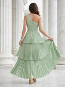 Satin A Line Tiered One Shoulder Sleeveless Long Formal Dresses