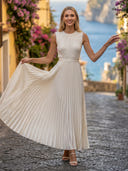 Satin A Line Pleated Round Neck Sleeveless Long Formal Dresses