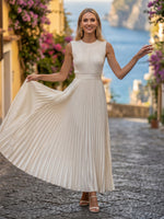 Satin A Line Pleated Round Neck Sleeveless Long Formal Dresses