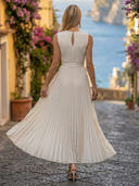 Satin A Line Pleated Round Neck Sleeveless Long Formal Dresses