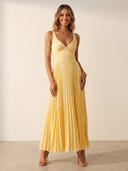 Satin A Line Pleated V Neck Sleeveless Long Formal Dresses