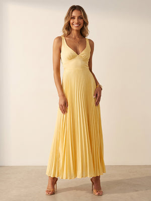 Satin A Line Pleated V Neck Sleeveless Long Formal Dresses