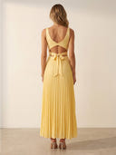 Satin A Line Pleated V Neck Sleeveless Long Formal Dresses