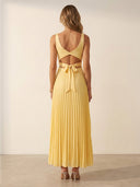 Satin A Line Pleated V Neck Long Formal Dresses Wedding Guest Sleeveless Maxi Dresses