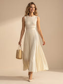 A Line Satin Pleated Round Neck Sleeveless Long Formal Dresses