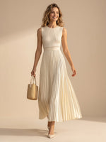 A Line Satin Pleated Round Neck Sleeveless Long Formal Dresses