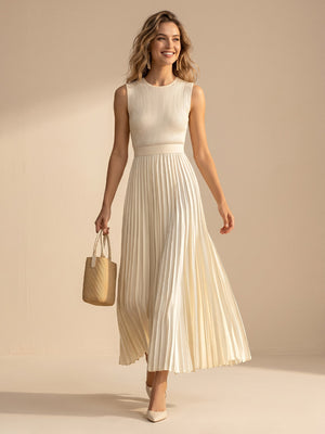 A Line Satin Pleated Round Neck Sleeveless Long Formal Dresses