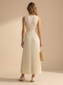 A Line Satin Pleated Round Neck Sleeveless Long Formal Dresses