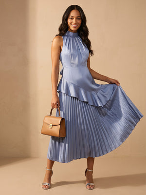 A Line Satin Pleated Halter Sleeveless Long Formal Dresses
