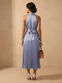 A Line Satin Pleated Halter Sleeveless Long Formal Dresses