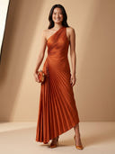 A Line Satin Pleated One Shoulder Sleeveless Long Formal Dresses